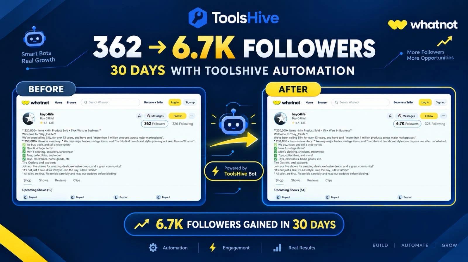 Whatnot Automation Bot: Grow From 326 to 6.7K Followers | ToolsHive